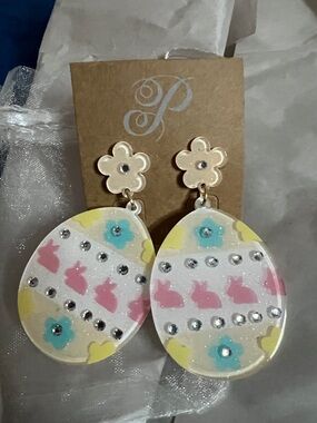 Floral Bunny Egg Dangle Earrings - Pink, Blue & Yellow